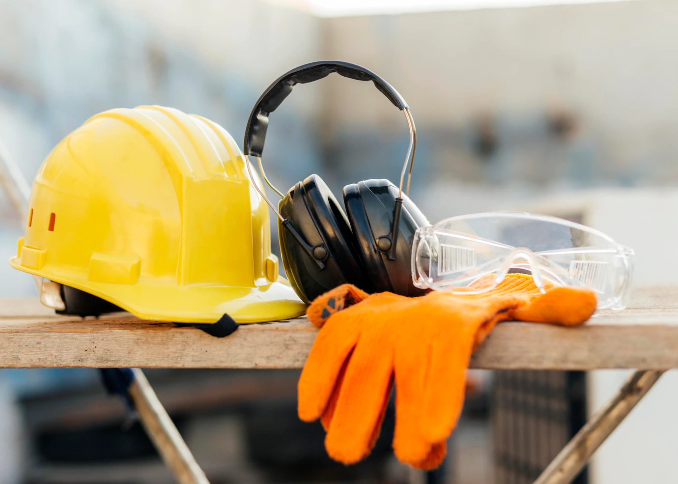 A pair of ear muffs, hard hat and gloves on top of a table.